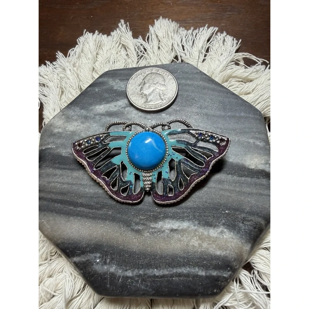 Chicos Handcrafted BUTTERFLY Enamel  Pin Brooch Faux Turquoise